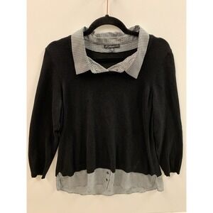 Adrianna Papell - Women's 1X‎ Sweater Black Knit Long Sleeve Collared Shirt Trim